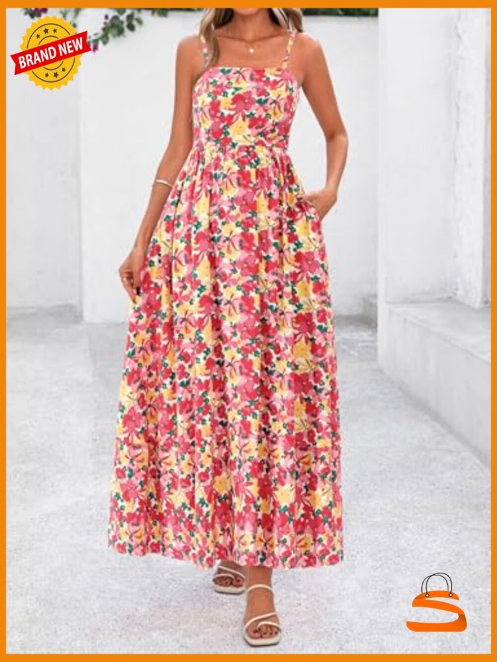 Spaghetti Strap Flowy Maxi Dress Square Neck Smocked Back Boho Wedding Guest - Picture 5 of 7